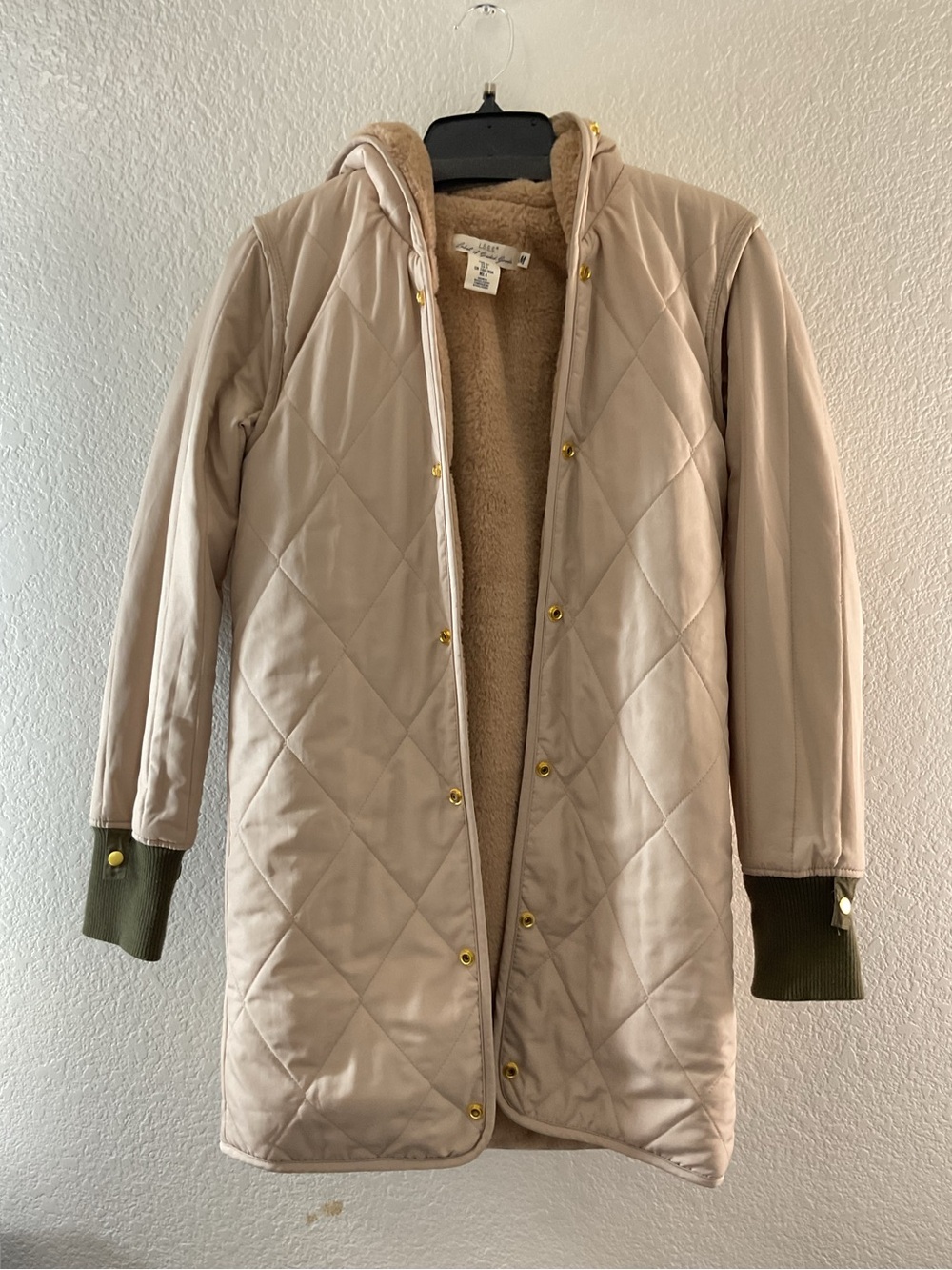 Vintage H&M Beige Quilted Hooded Winter Fleece Utility Coat Streetwear Layering